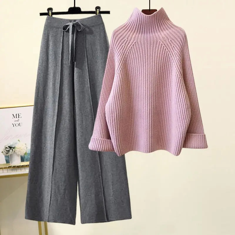 Chic Lace-Up Dropped-Shoulder Sweater & Cropped Wide-Leg Pant Set KNOWRIC