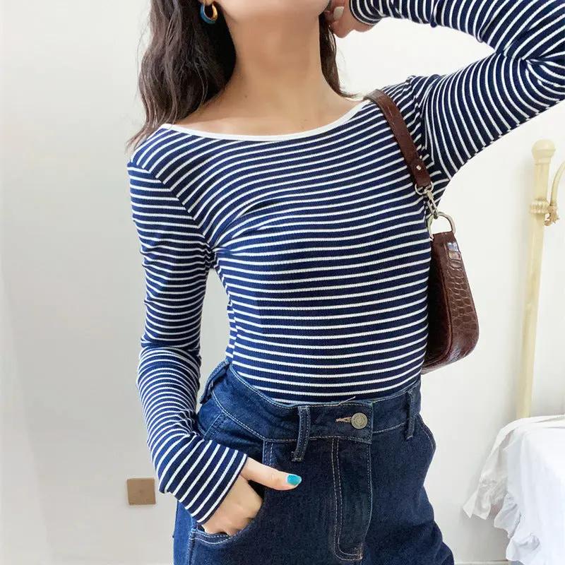 Chic Striped Low-Cut Backless Knit Top KNOWRIC