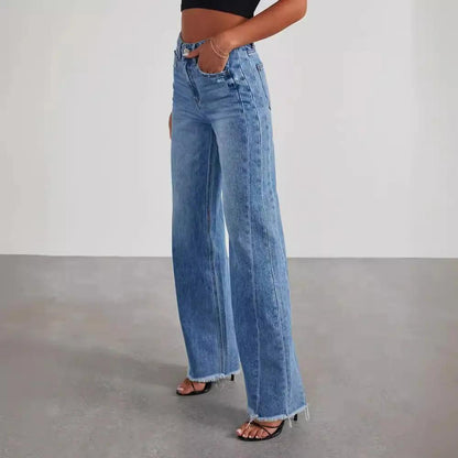 Wide-Leg Frayed Hem Denim Jeans KNOWRIC