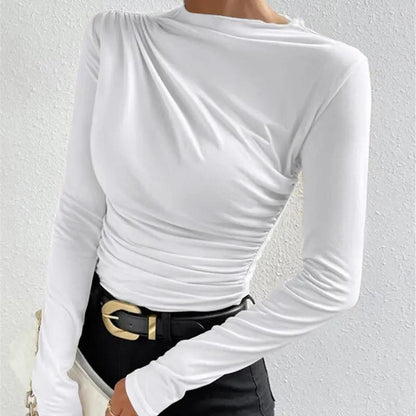 Cross-Over Collar Pleated Cinched T-Shirt KNOWRIC