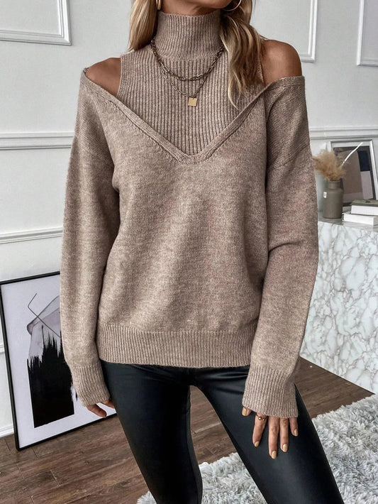 Off Shoulder Mock Neck Thread Knit Sweater KNOWRIC